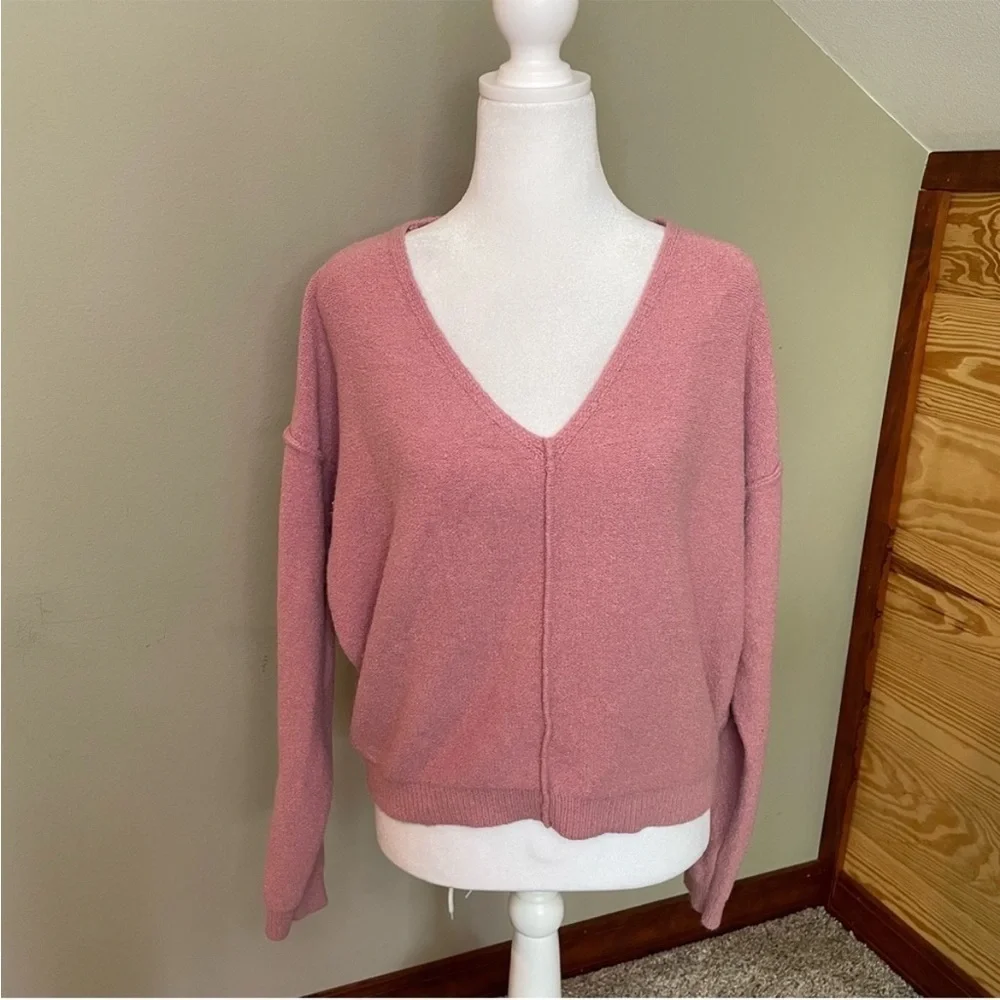 Free People Take Me Places Pink Oversized V-Neck Sweater Extra Small